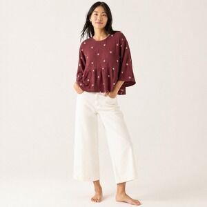 Madewell Rust Floral Embroidered Double Gauze Square Neck Tiered Top S Airy